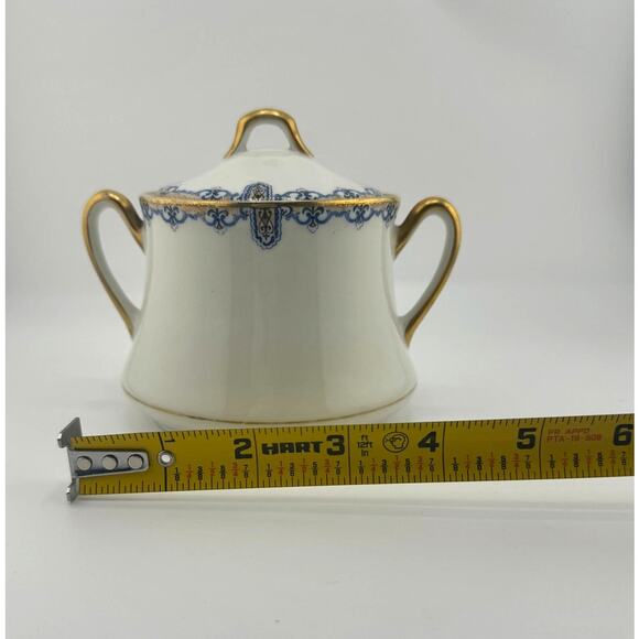 C Ahrenfeldt Limoges Made In France Sugar Bowl&Lid Double Handle Gold White Blue - Picture 5 of 7